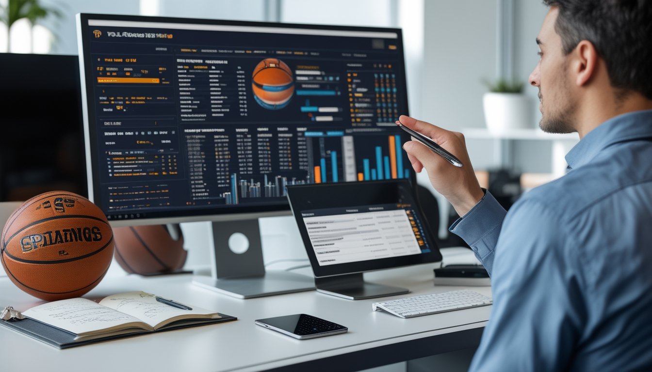 Seorang analis sedang melihat data statistik pemain dan rotasi tim keranjang di depan komputer di sebuah kantor.