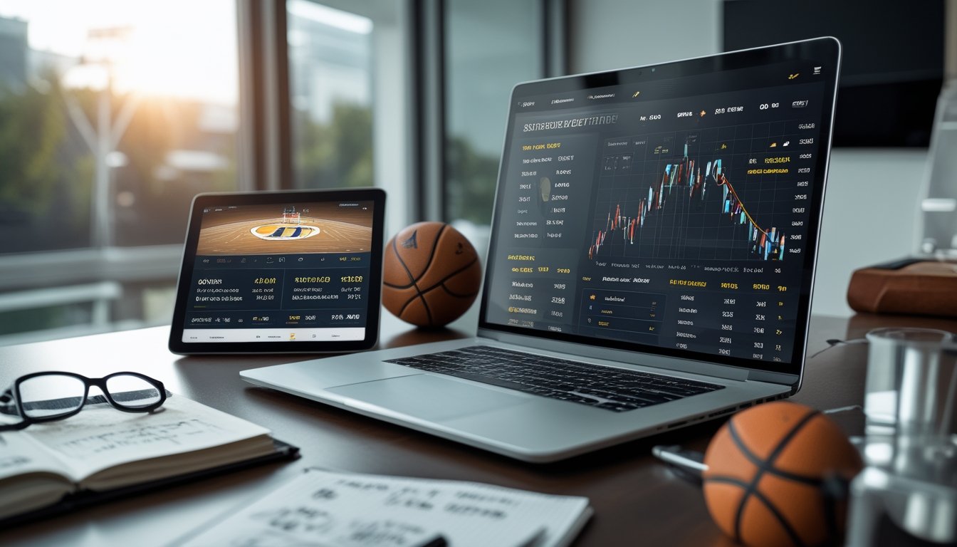 Meja kerja dengan laptop yang menampilkan grafik pergerakan garis taruhan bola basket, bola basket kecil, dan perangkat digital lain yang menunjukkan informasi taruhan bola basket.