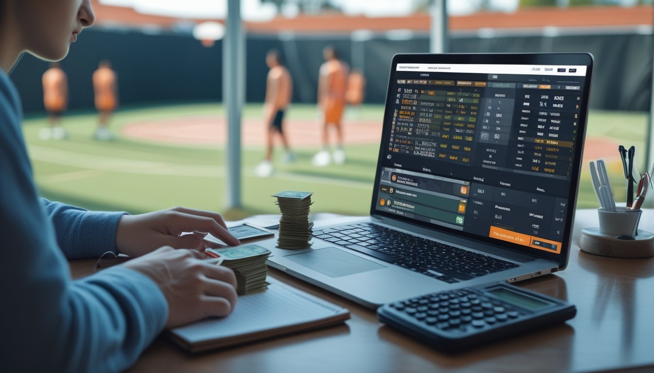 Seseorang duduk di meja dengan laptop, uang, dan kalkulator, sambil melihat statistik bola basket dengan lapangan bola basket terlihat di latar belakang.