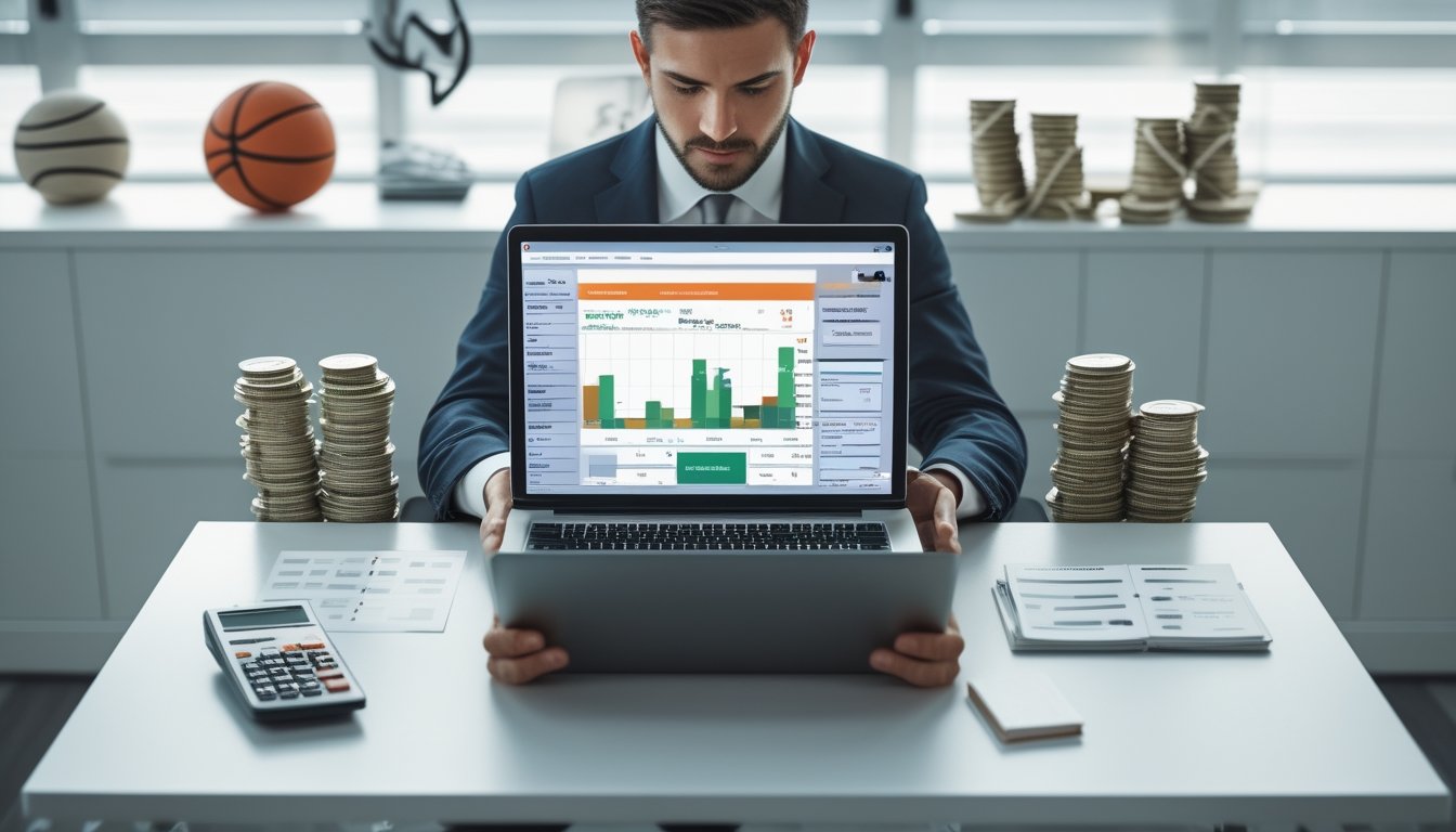 Seorang profesional sedang menganalisis data keuangan dan statistik keranjang di meja kerja dengan bola keranjang dan alat hitung di sekitarnya.