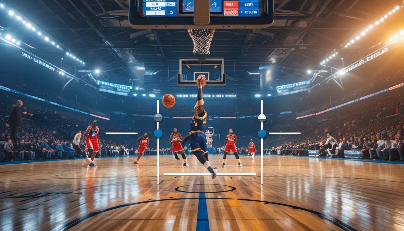 Pertandingan bola basket NBA dengan pemain yang sedang melompat untuk melakukan tembakan, dikelilingi oleh pemain bertahan di lapangan yang penuh dengan penonton.