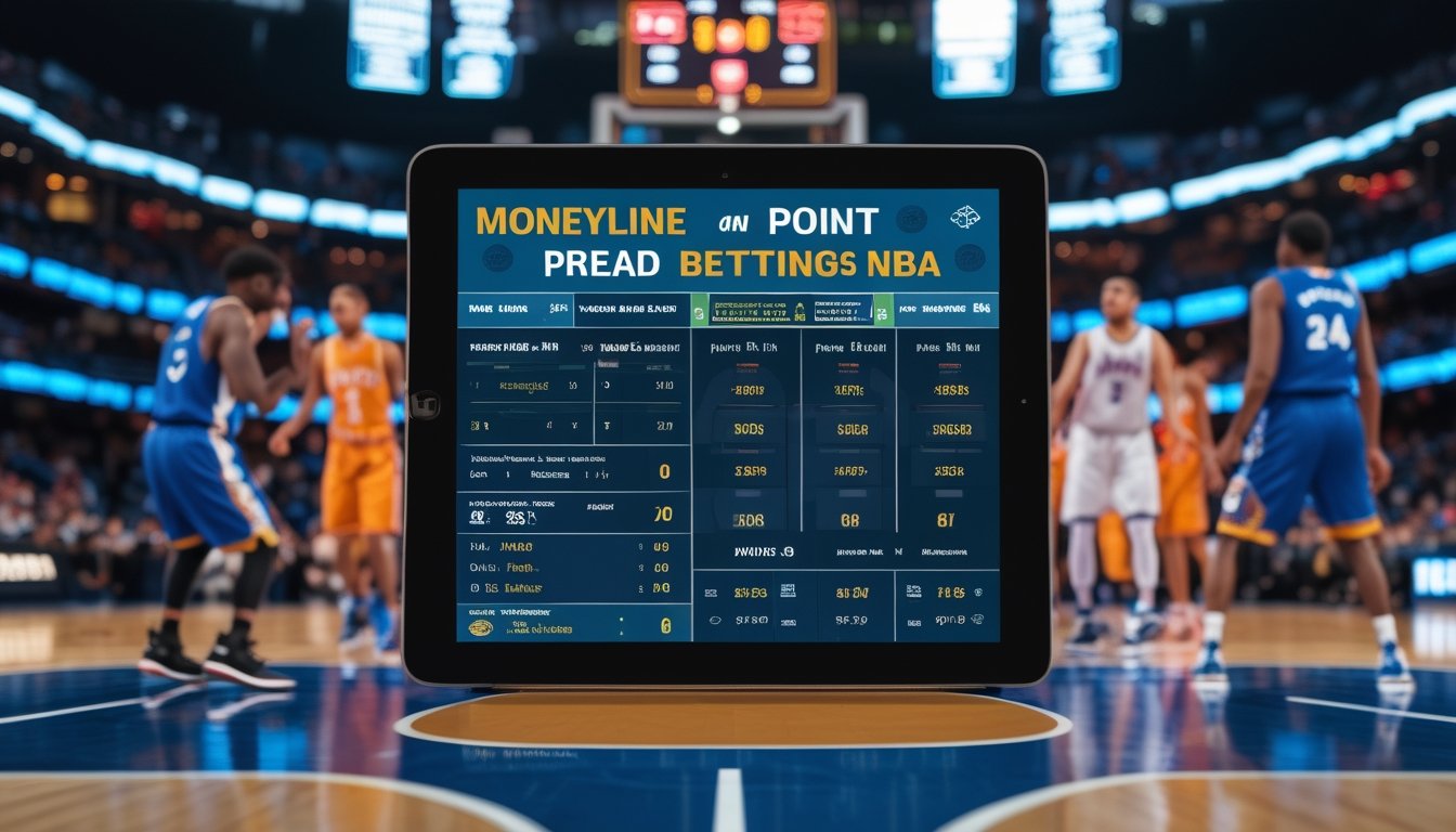 Suasana pertandingan basket NBA dengan pemain sedang bermain dan layar digital yang menampilkan grafik taruhan Moneyline dan Point Spread.