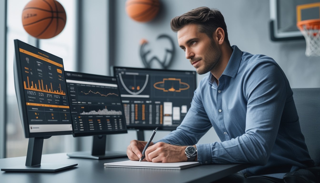 Seorang analis olahraga sedang memeriksa data taruhan bola keranjang di depan beberapa layar komputer di ruang kerja modern.