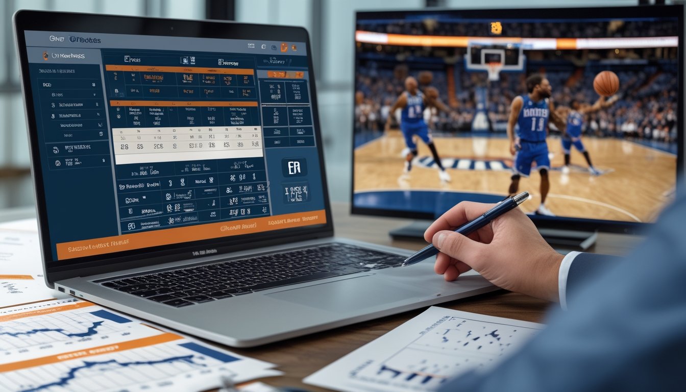 Seseorang sedang menganalisis data taruhan Over/Under basket di depan laptop dengan pertandingan basket yang berlangsung di layar televisi di latar belakang.