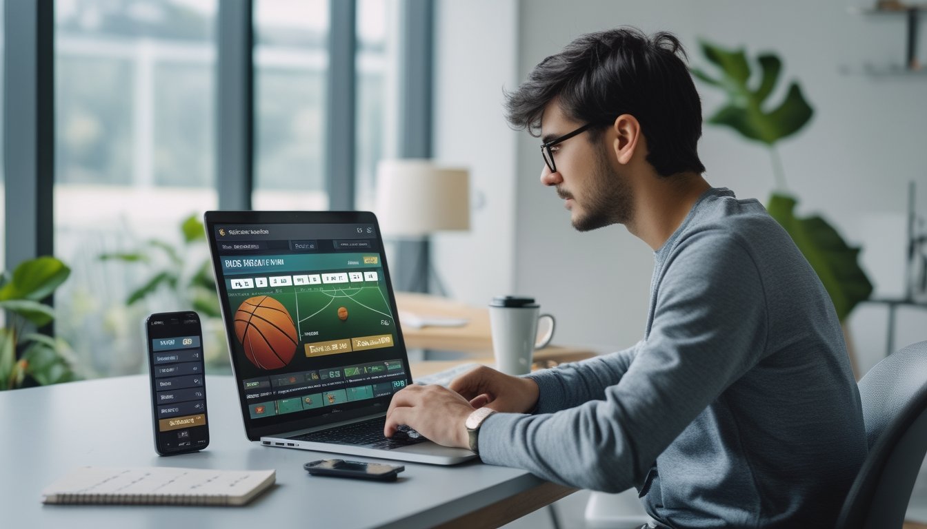 Seorang pria muda duduk di meja dengan laptop yang menampilkan pertandingan basket secara langsung, terlihat fokus dan menganalisis dengan serius.