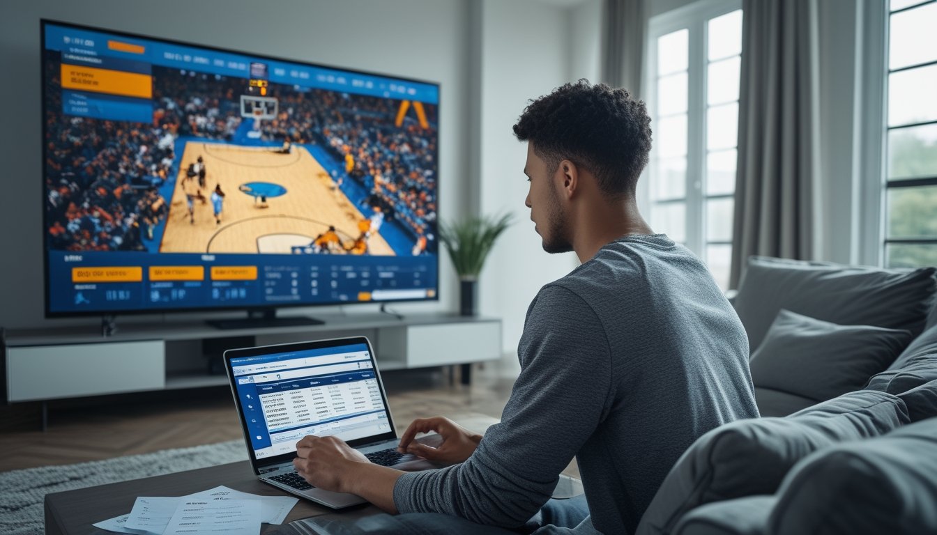 Seorang pria muda sedang menonton pertandingan basket langsung di televisi sambil memasang taruhan menggunakan laptop di ruang tamu modern.