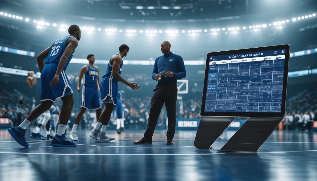 Seorang pelatih dan pemain basket sedang berdiskusi di lapangan basket dengan jadwal pertandingan NBA yang terlihat di latar belakang.