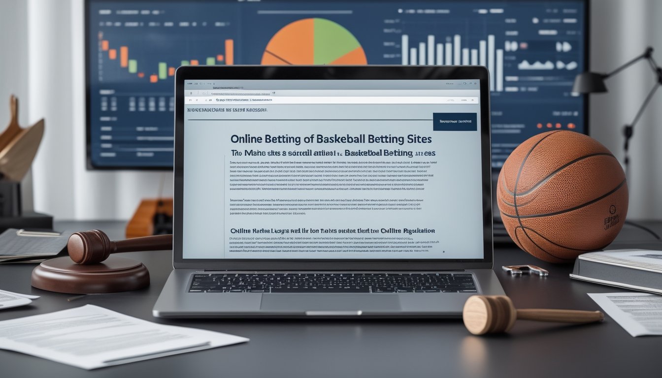 Meja kerja modern dengan laptop, bola basket, palu hakim, dan dokumen resmi yang menunjukkan penelitian tentang legalitas dan regulasi situs taruhan basket online.