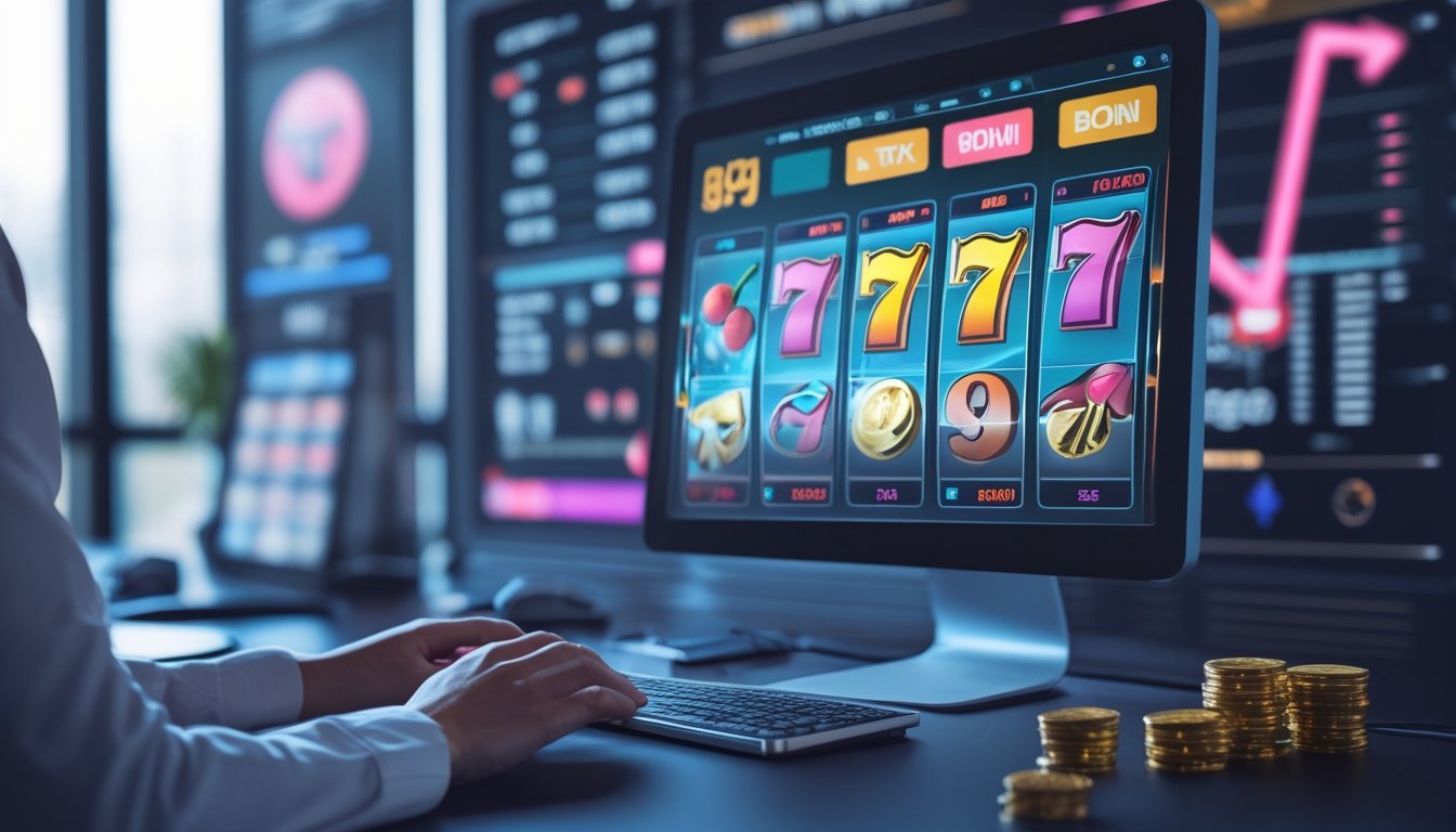 Meja kerja modern dengan komputer menampilkan permainan slot online yang berwarna-warni dan seseorang sedang menggunakan keyboard dan mouse.