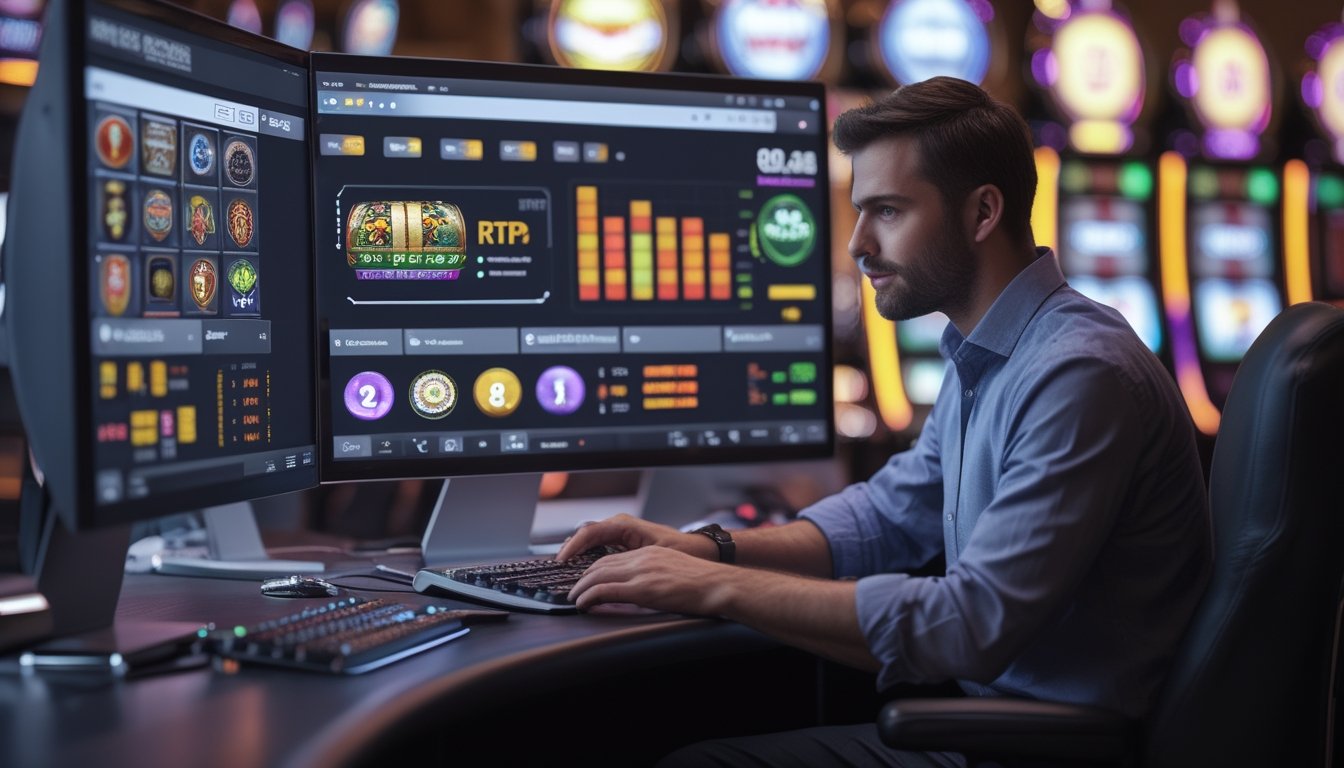 Seorang profesional sedang melihat layar komputer dengan grafik mesin slot dan data RTP di lingkungan kerja modern.