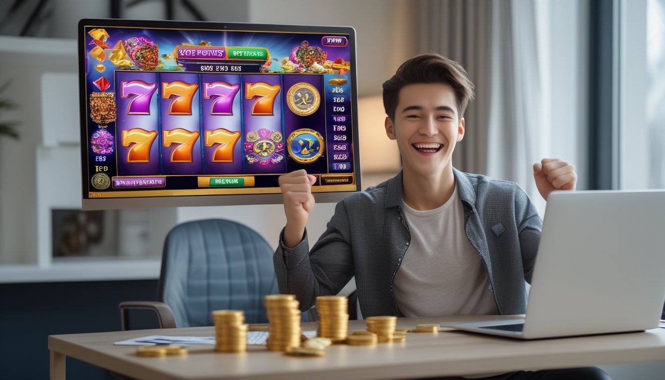 Seorang dewasa muda tersenyum gembira sambil merayakan kemenangan jackpot besar saat bermain permainan slot online di laptop di ruang kerja rumah yang modern.