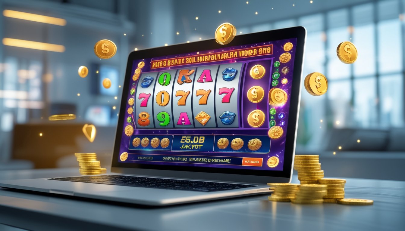 Seorang pemain di depan komputer dengan layar menampilkan mesin slot online yang menunjukkan kemenangan jackpot besar.
