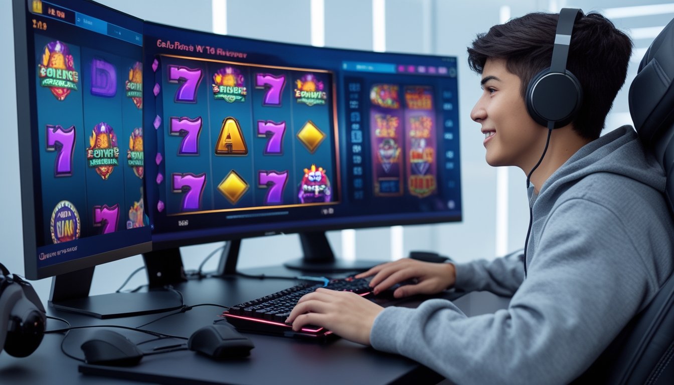 Seorang pemain muda duduk di depan komputer dengan layar menampilkan permainan slot online berwarna-warni, menunjukkan ekspresi fokus dan antusiasme.