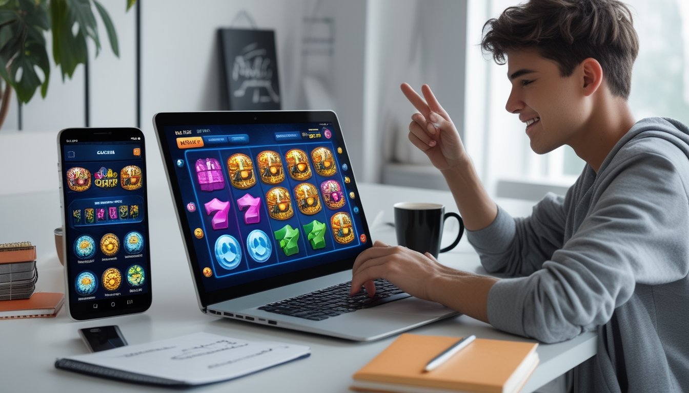 Seseorang duduk di depan laptop yang menampilkan permainan slot online berwarna-warni, dengan suasana kerja yang rapi dan nyaman.
