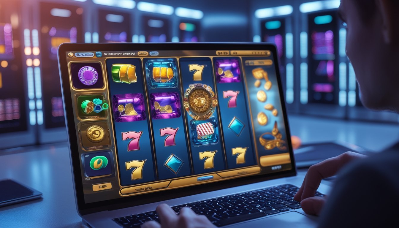 Orang menggunakan laptop dengan latar belakang ruang server berteknologi tinggi dan layar mesin slot digital yang berwarna-warni.