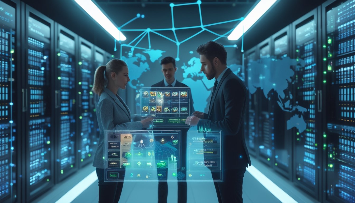 Ruangan server modern dengan rak server bercahaya dan beberapa profesional muda sedang berinteraksi dengan layar digital yang menampilkan grafis mesin slot dan peta dunia di latar belakang.