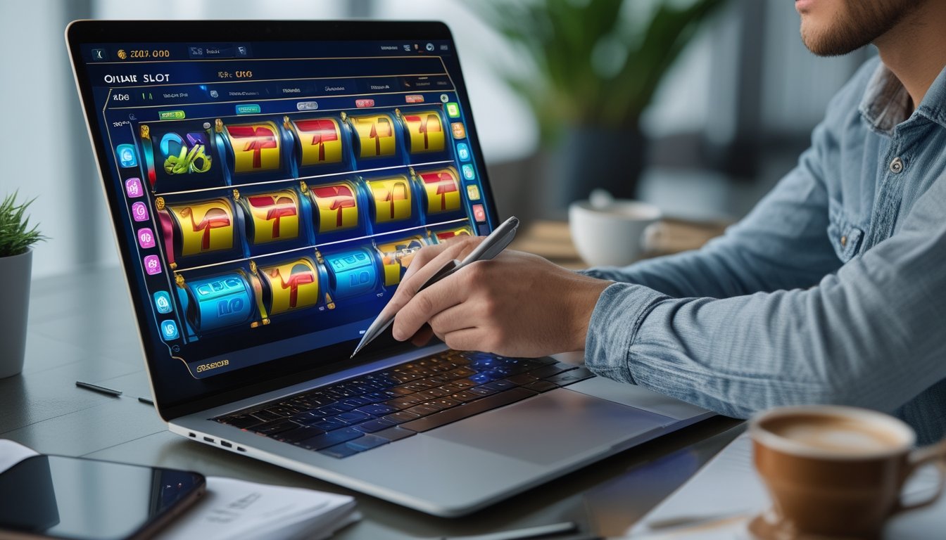 Seseorang sedang menganalisis pola permainan slot online di laptop dengan catatan dan alat tulis di meja kerja.