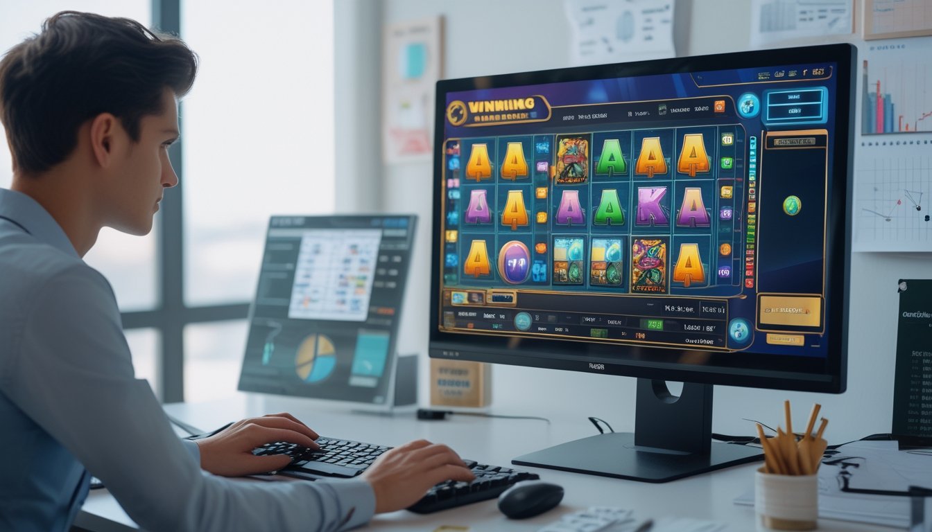 Seorang pengguna komputer sedang menganalisis pola permainan slot online di layar monitor dengan grafik warna-warni di meja kerja yang rapi.