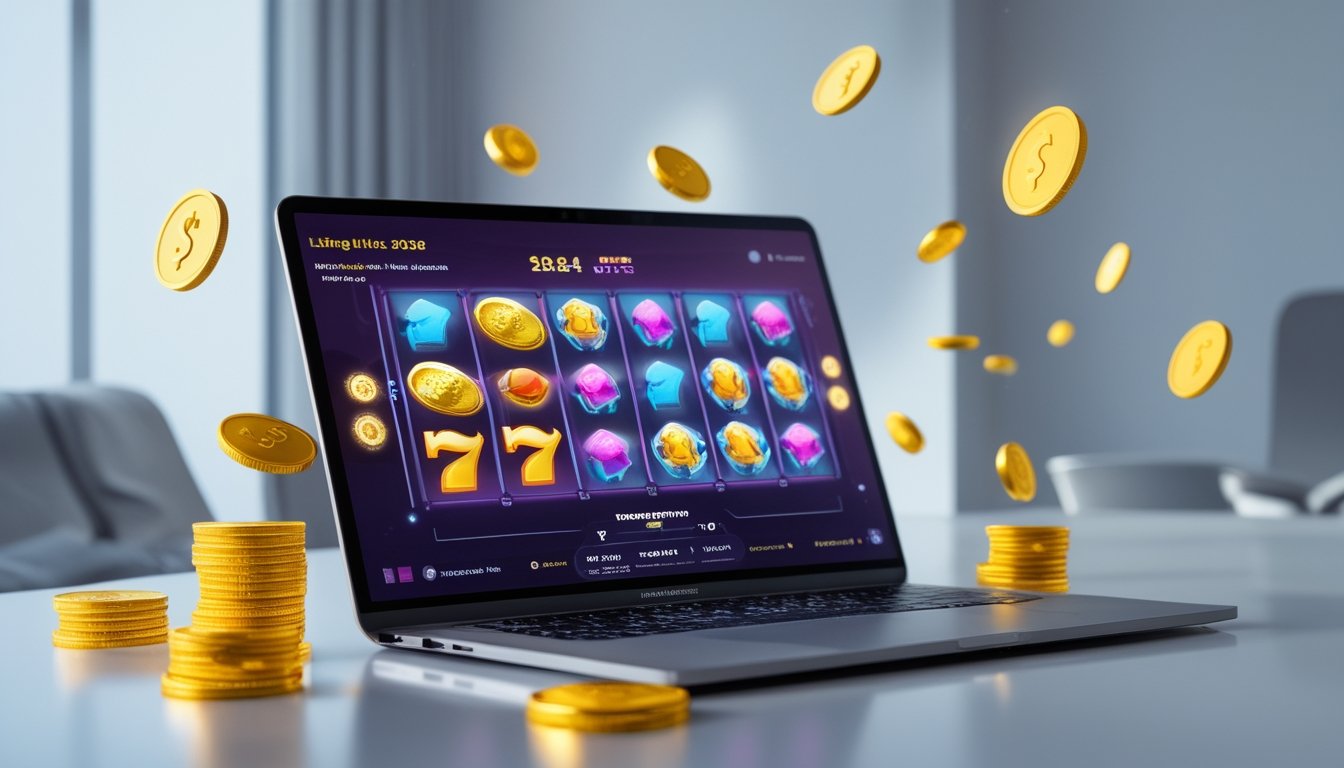 Seseorang menggunakan perangkat digital dengan layar menampilkan permainan slot online berwarna-warni dan ikon transaksi digital di sekitarnya.
