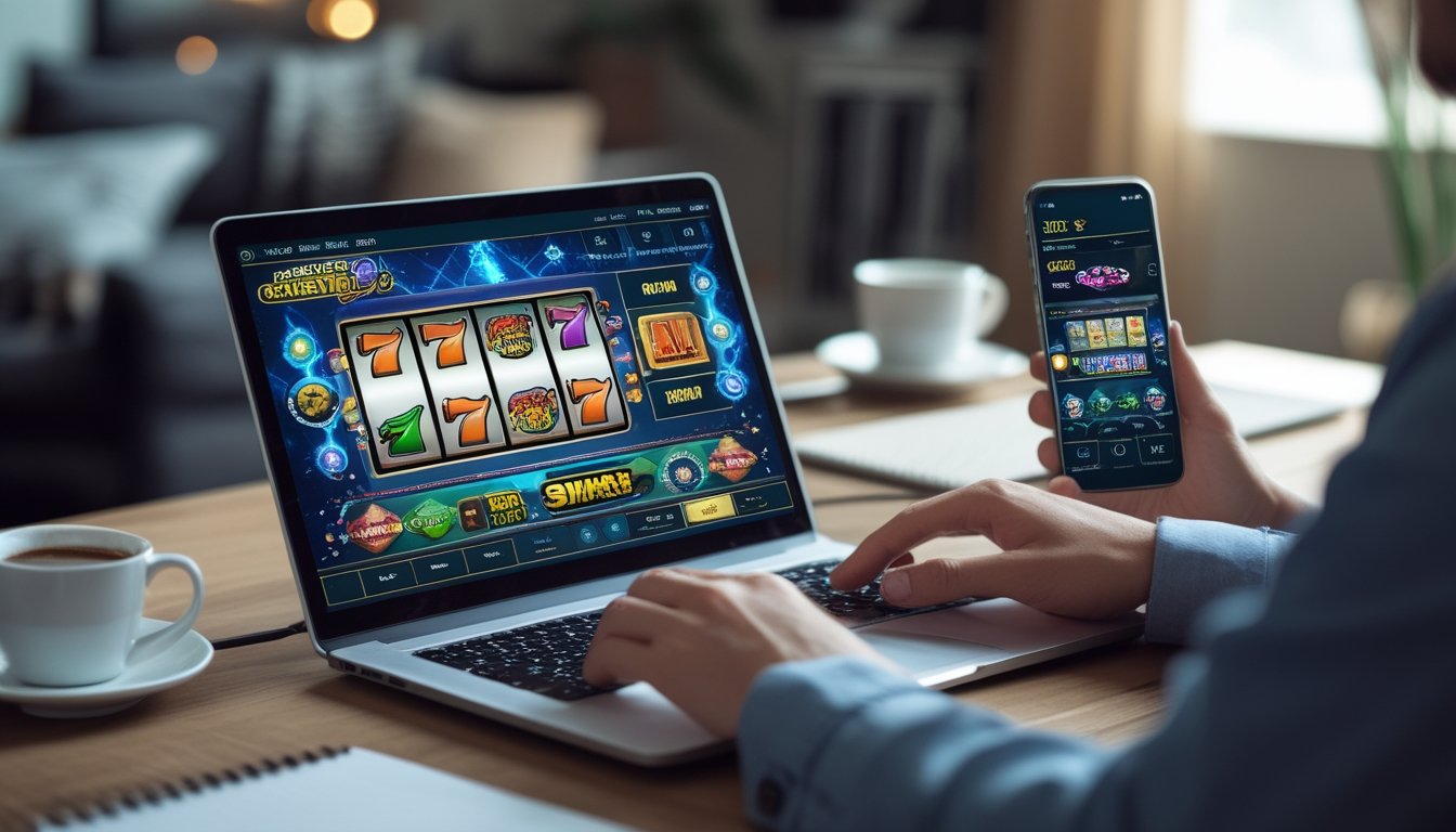 Seseorang menggunakan laptop dan ponsel untuk bermain permainan slot online di meja kerja yang rapi.
