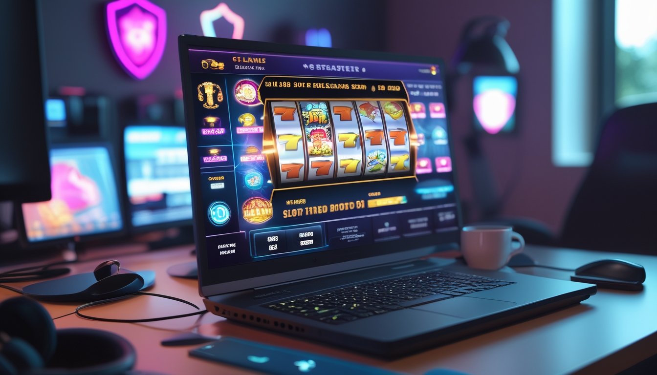 Seorang pria duduk di depan komputer dengan layar menampilkan permainan slot online yang berwarna-warni dan menarik.