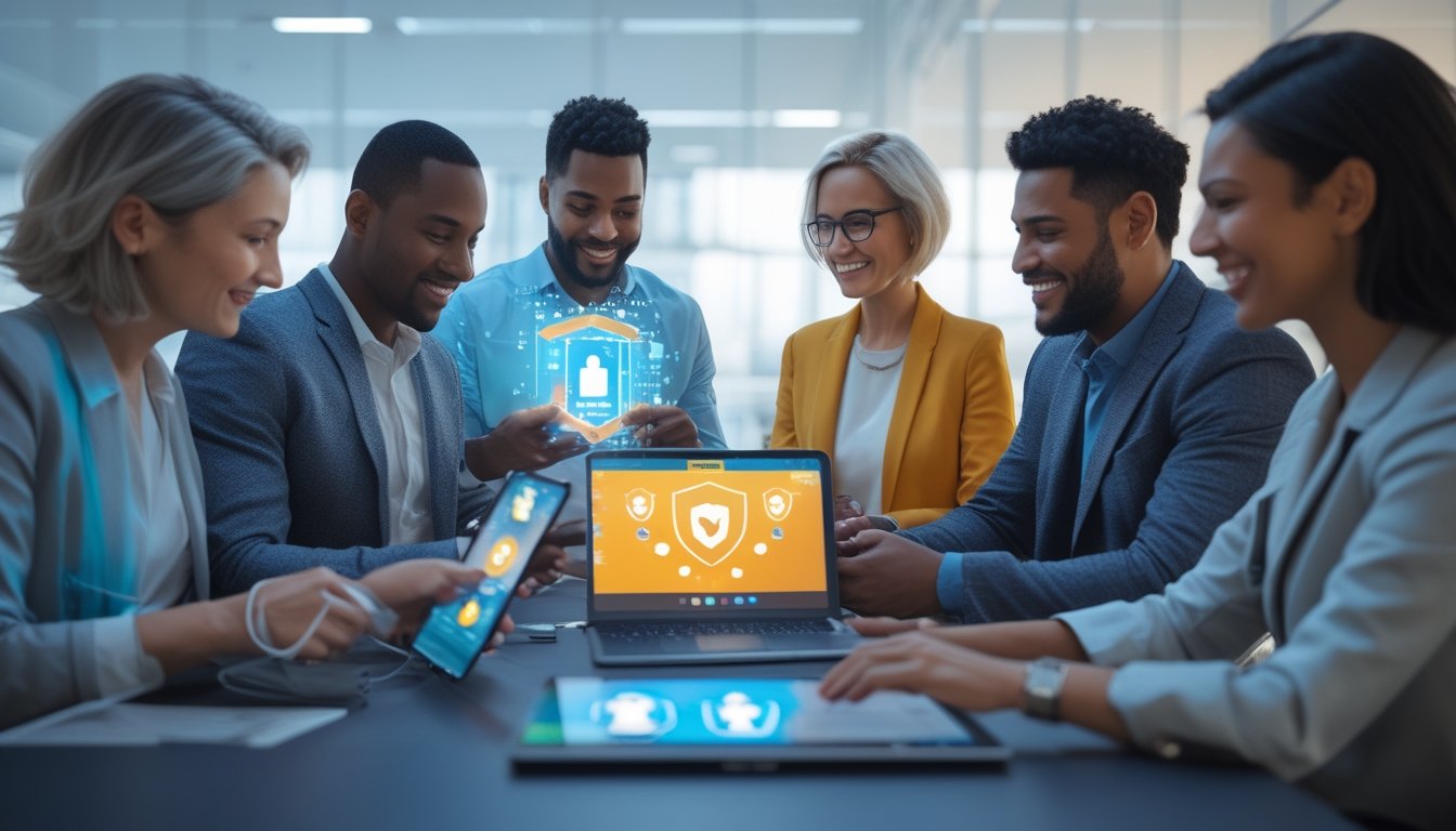 Sekelompok orang dewasa menggunakan perangkat digital di lingkungan kantor modern dengan ikon keamanan digital yang melayang di latar belakang.