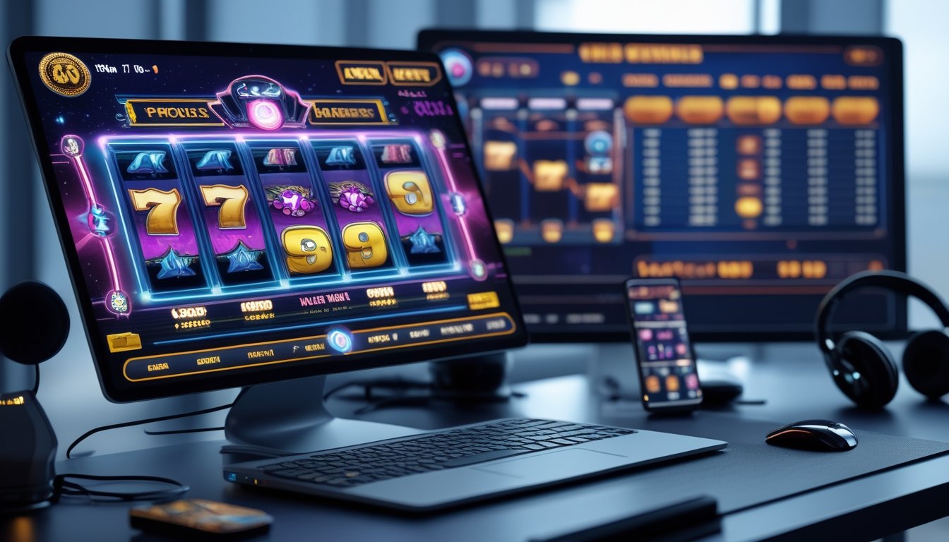 Meja kerja modern dengan komputer menampilkan permainan slot online dan grafik jackpot progresif, dilengkapi aksesori gaming seperti headphone dan ponsel.
