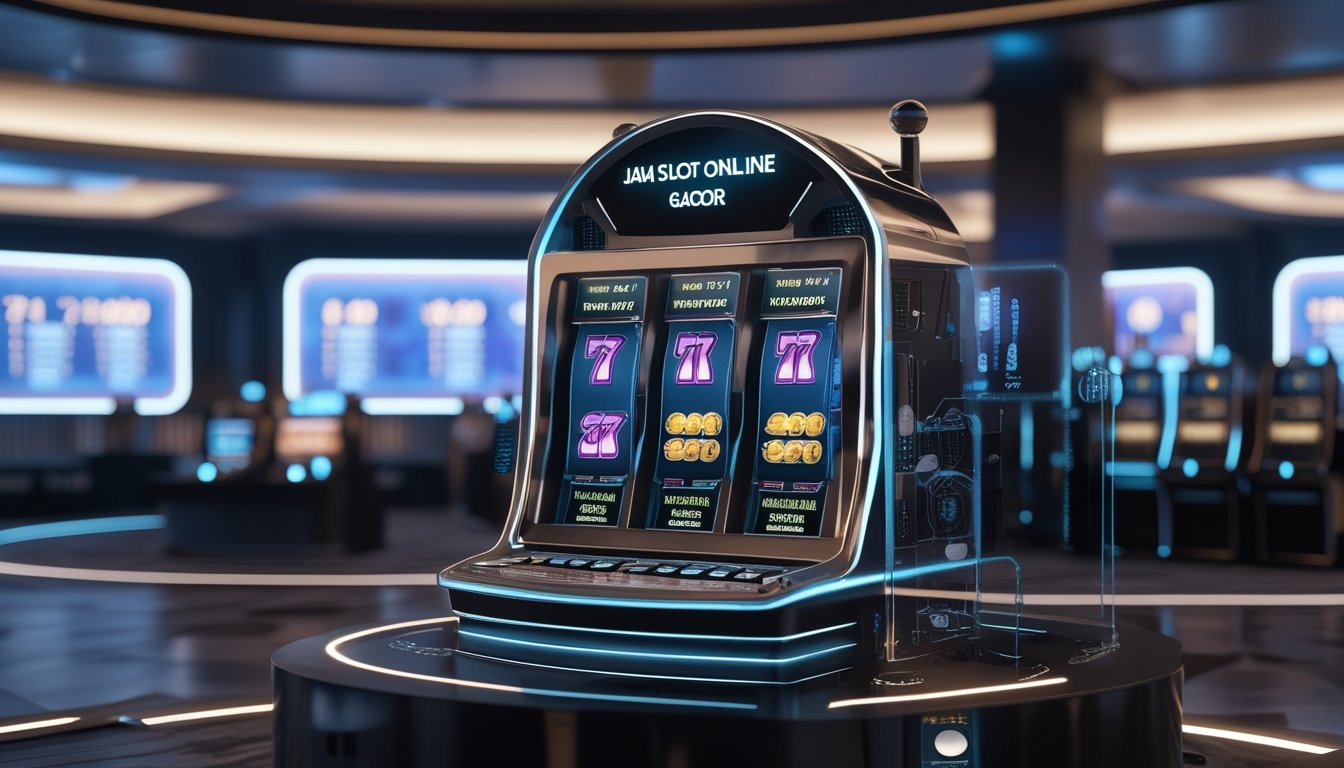 Mesin slot digital futuristik menyala dengan latar belakang jam digital dan suasana kasino modern.