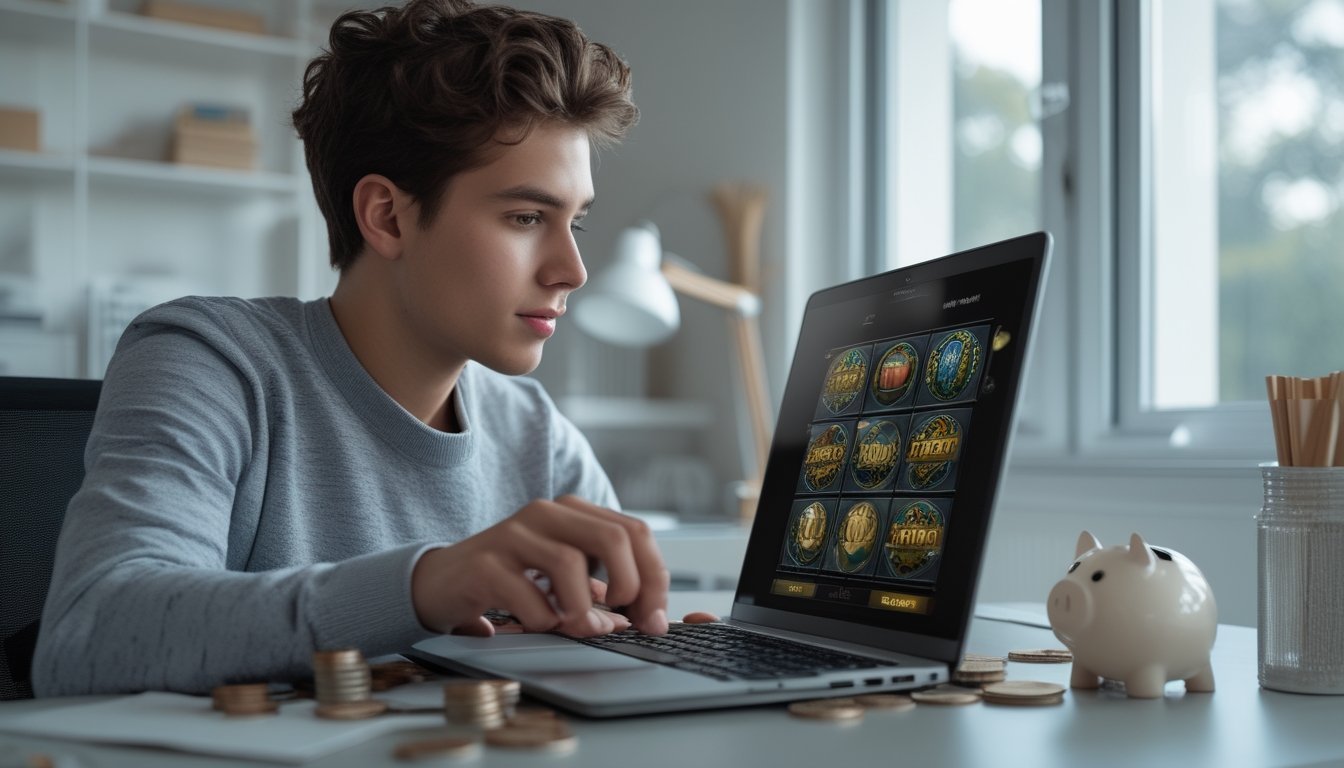 Seseorang sedang bermain slot online di laptop di ruang kerja rumah yang rapi dengan koin dan celengan kecil di meja.
