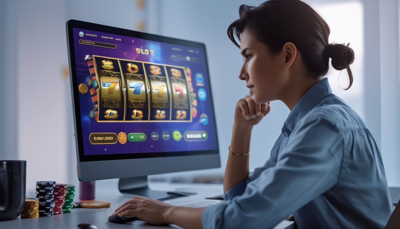 Seorang pria duduk di depan komputer dengan layar menampilkan permainan slot online, terlihat fokus dan berpikir strategi.