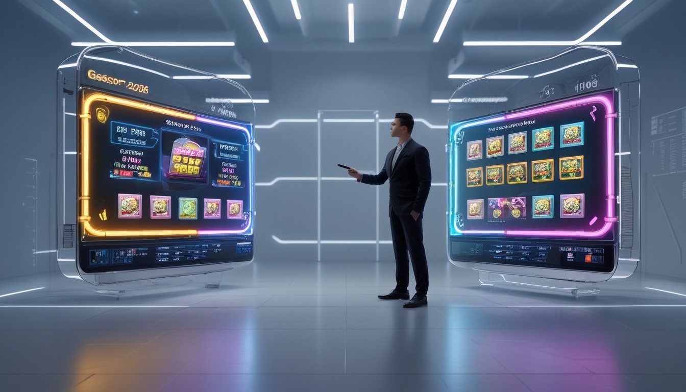 Seorang profesional sedang membandingkan dua layar digital yang menampilkan grafik dan data mesin slot online di sebuah kantor modern.