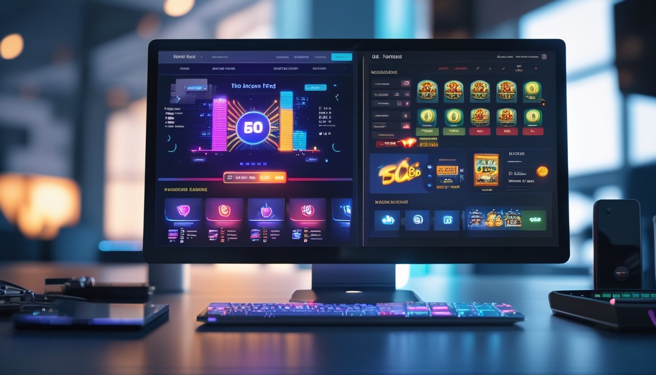 Tampilan layar terbagi antara situs slot online modern dan situs slot lama di sebuah meja kerja dengan perangkat teknologi.