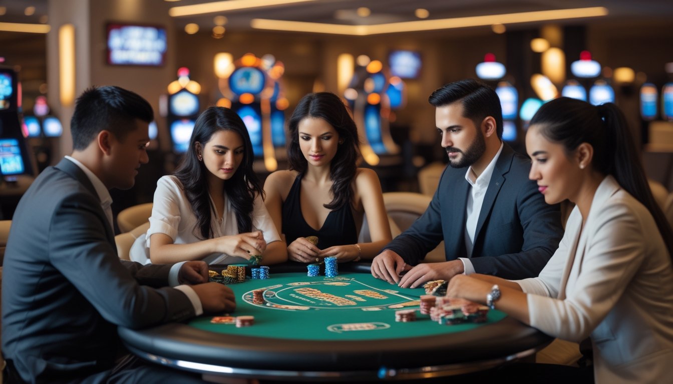 Sekelompok orang sedang bermain mini poker di meja kasino dengan kartu dan chip poker.