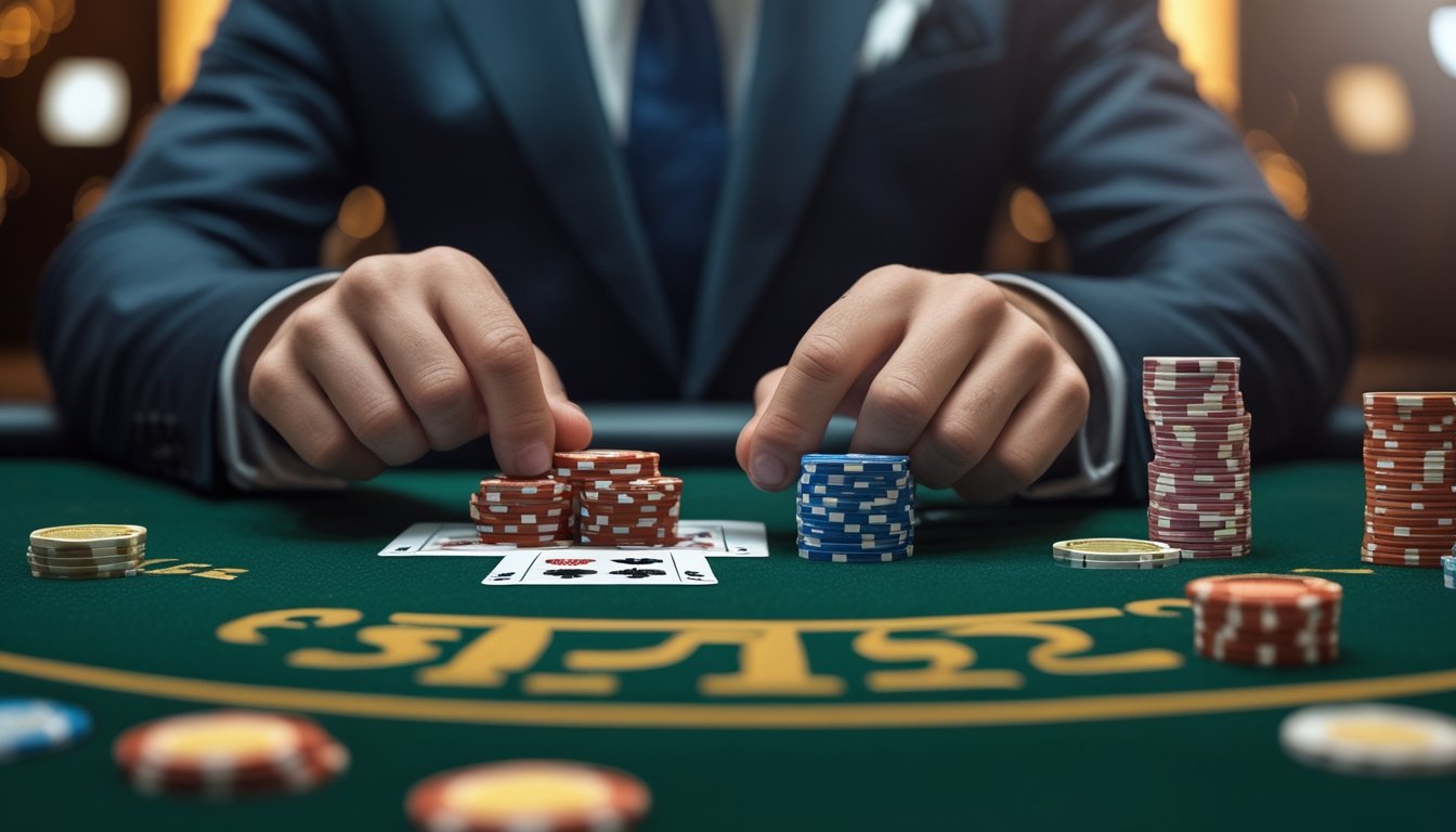 Seorang pemain berpakaian rapi sedang bermain mini poker di meja poker dengan tumpukan chip dan kartu terlihat jelas, di latar belakang suasana kasino yang hangat dan mewah.
