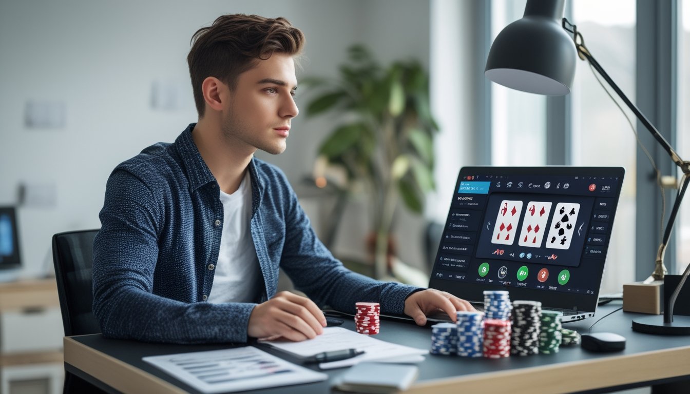 Seorang pria muda duduk di meja dengan laptop terbuka menampilkan permainan poker digital, diiringi chip poker, kartu bermain, dan catatan, terlihat fokus dan berpikir.