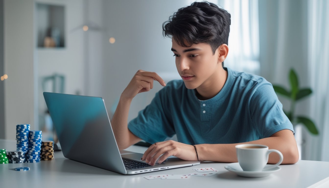 Seorang dewasa muda duduk di meja dengan laptop bermain mini poker online, disertai chip poker dan catatan keuangan.