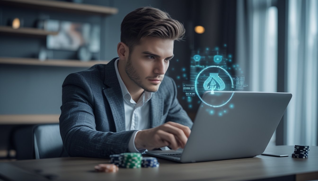Seorang pria muda sedang fokus melihat layar laptop dengan data holografik di sekitarnya, di meja dengan chip dan kartu poker.