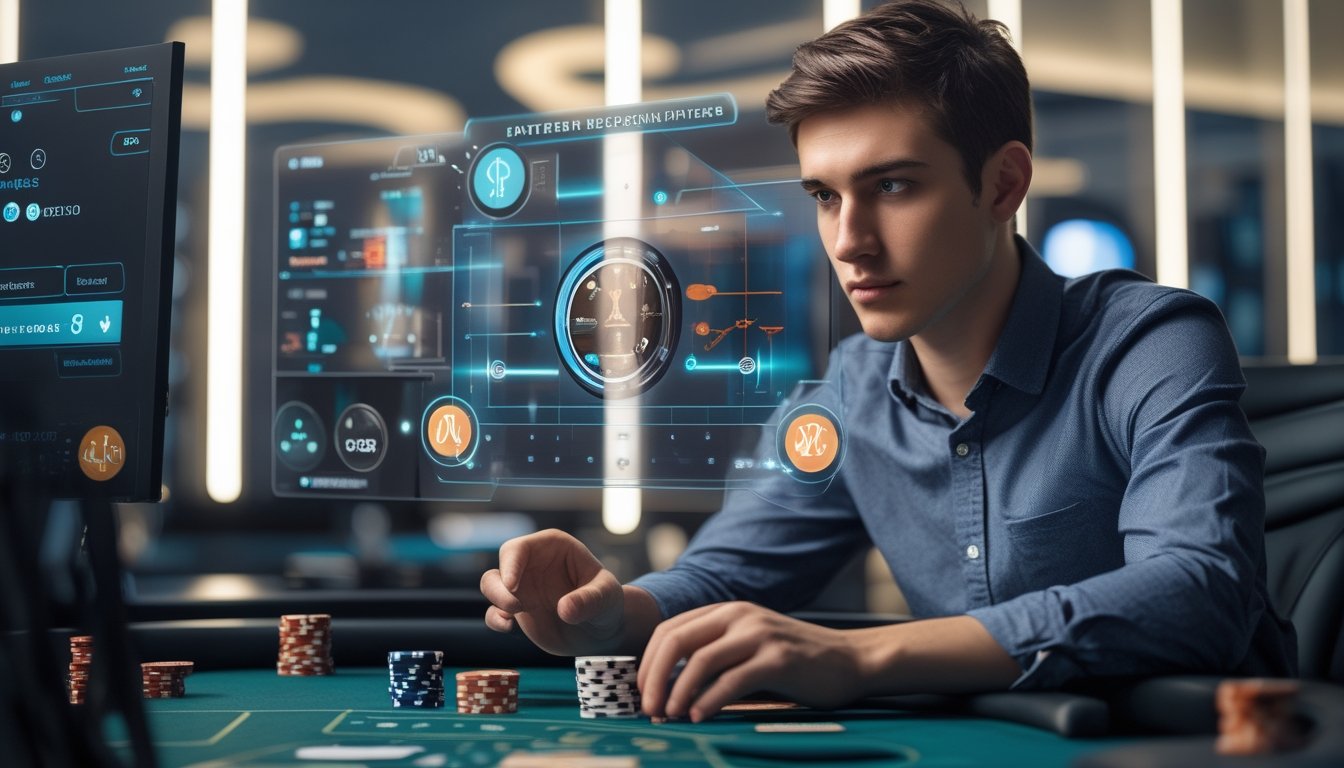 Seorang pria muda fokus menganalisis permainan poker mini menggunakan teknologi AI dengan layar sentuh dan data visual di ruang permainan modern.