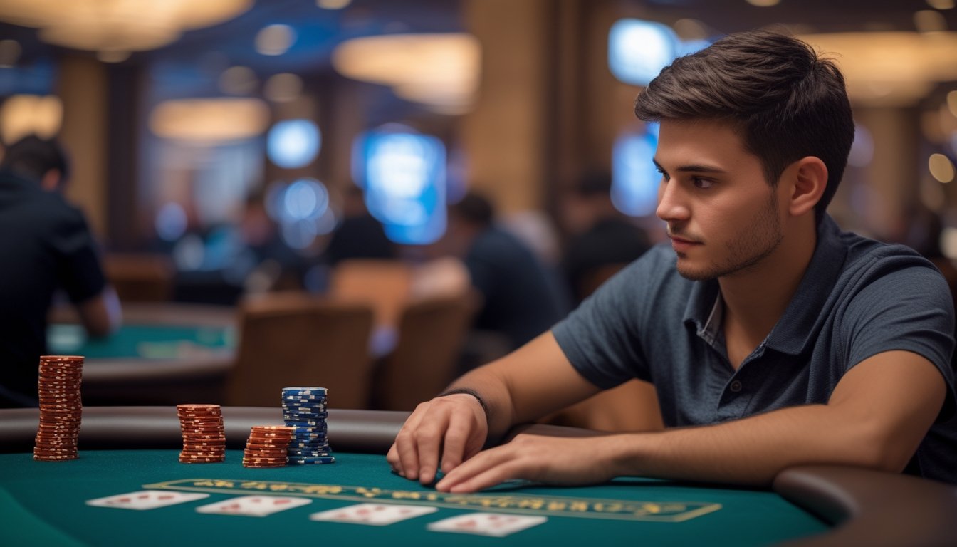 Seorang pemain muda duduk di meja poker dengan tumpukan chip kecil, tampak fokus mempelajari kartu di tangannya dalam suasana kasino.