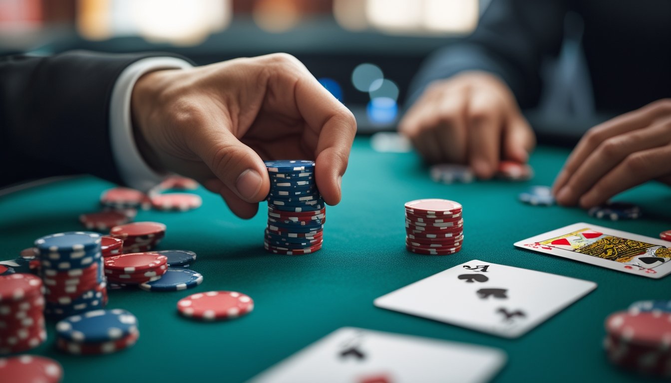 Tangan pemain memegang tumpukan chip poker kecil di meja poker dengan kartu dan chip yang tersebar.