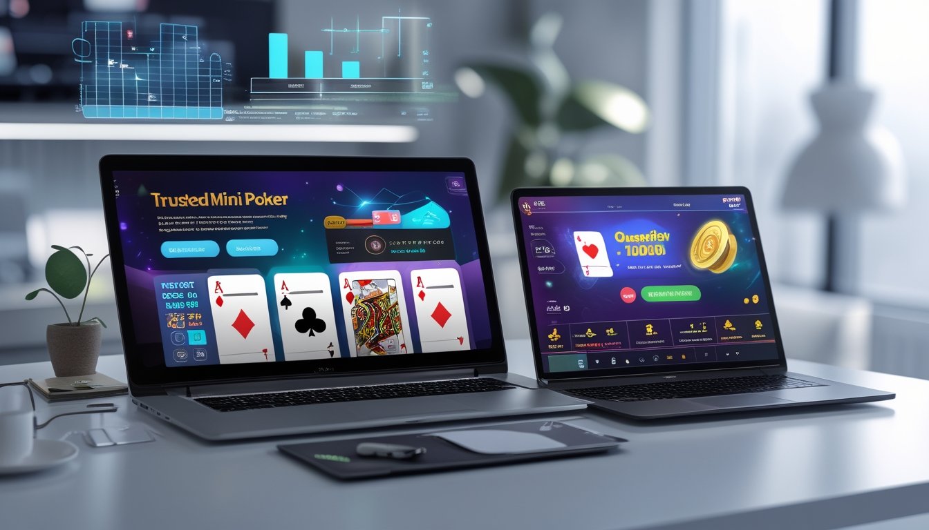 Seorang pengguna menggunakan laptop dan ponsel di meja kantor yang rapi, menampilkan permainan poker mini dan bonus di layar.