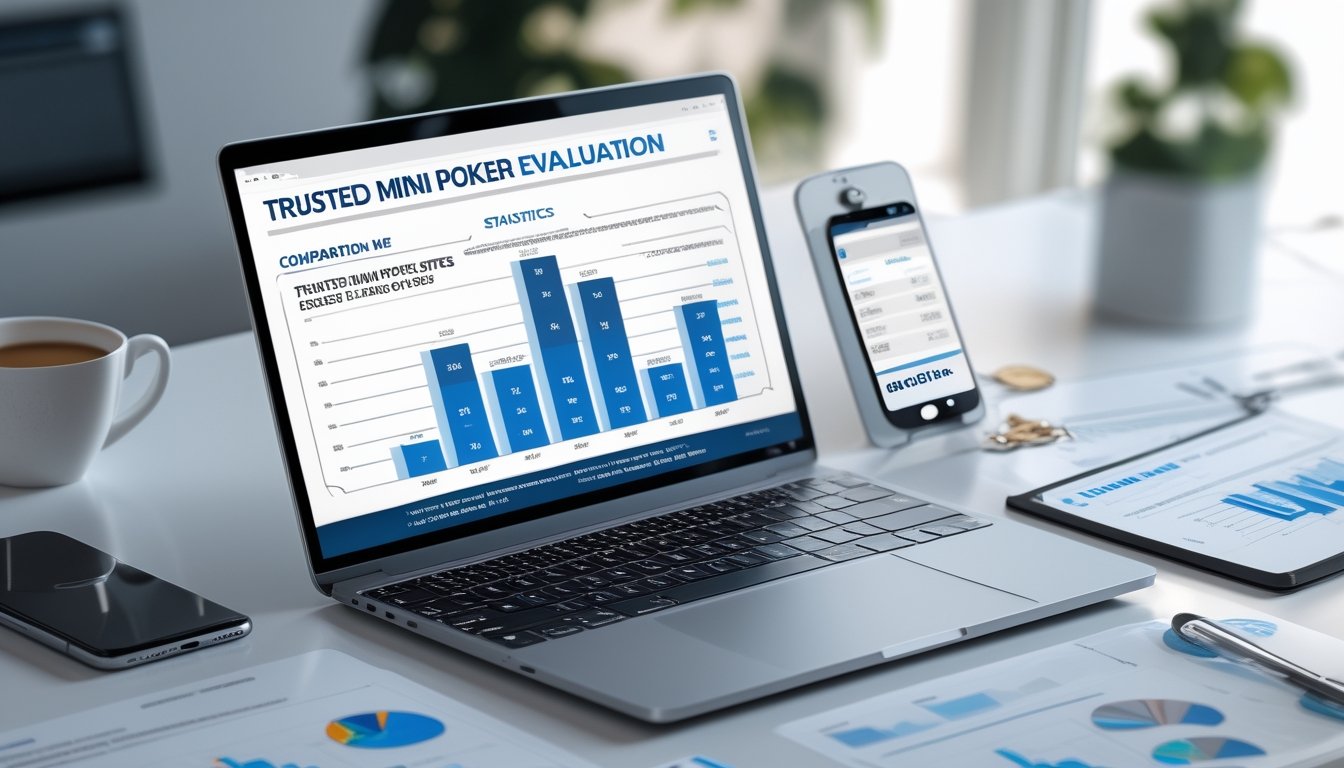 Meja kerja modern dengan laptop yang menampilkan grafik perbandingan situs mini poker terpercaya tahun 2026, dikelilingi oleh cangkir kopi, ponsel dengan aplikasi poker, dan dokumen keuangan.