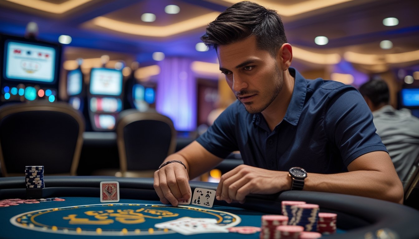 Seorang pemain poker fokus di meja kasino modern sedang bermain mini poker dengan ekspresi serius dan kartu serta chip di depannya.