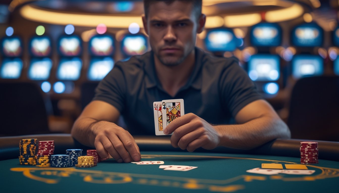 Seorang pemain poker fokus duduk di meja kasino dengan kartu dan chip poker, menunjukkan konsentrasi dalam permainan mini poker.