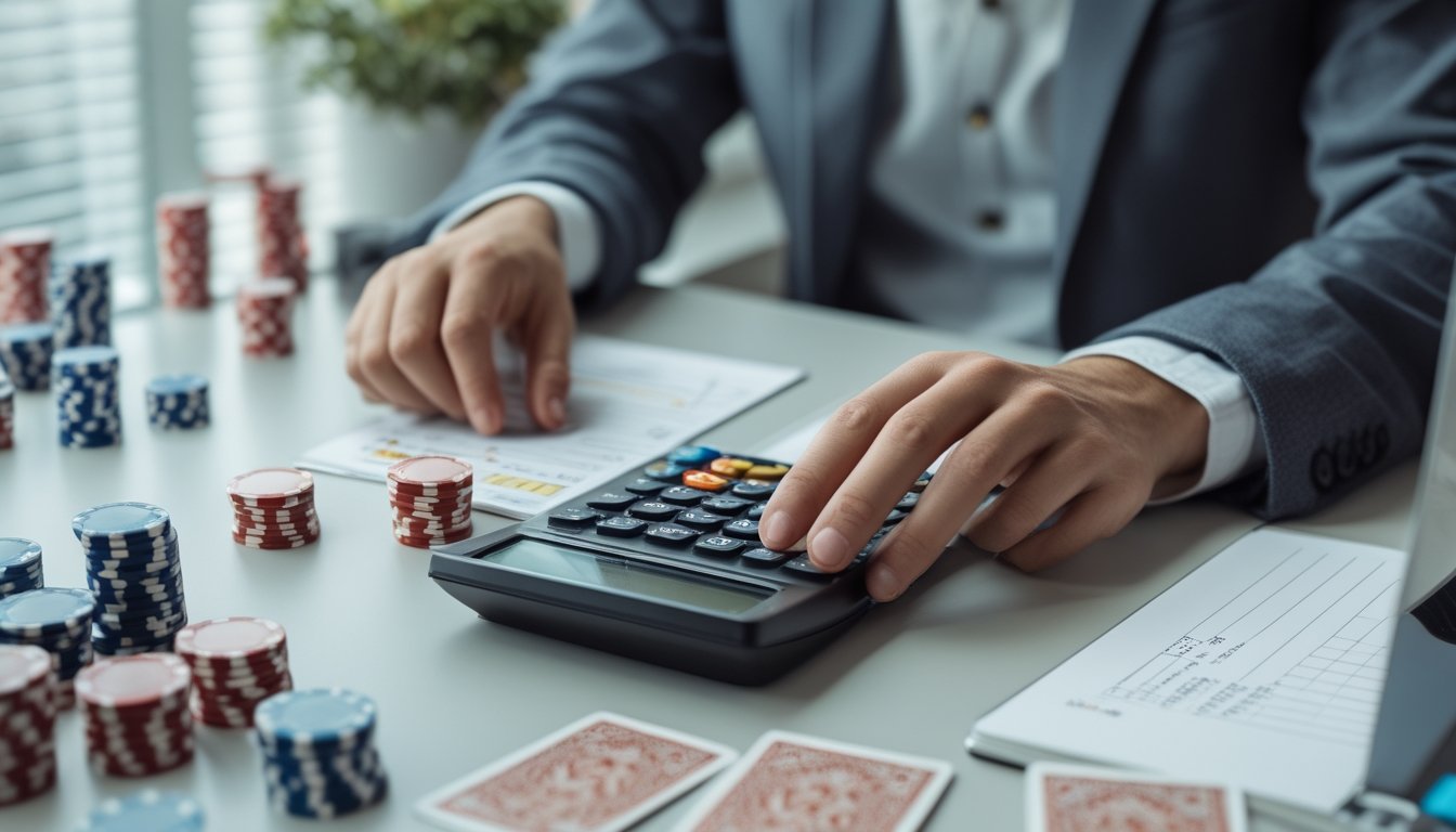 Tangan seseorang sedang menghitung dengan kalkulator di meja yang terdapat chip poker, kartu remi, dan laptop dengan grafik statistik mini poker.