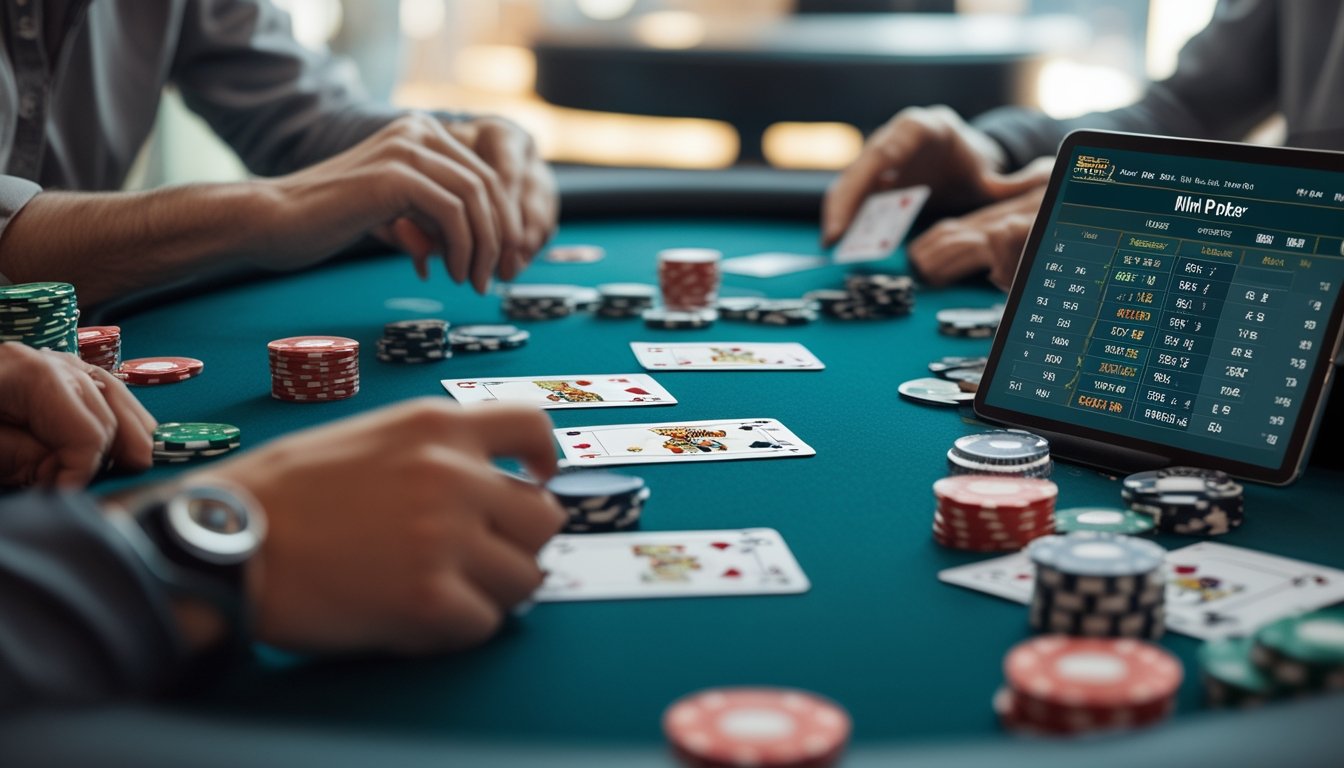 Tangan pemain memegang kartu poker di atas meja dengan tumpukan chip dan perangkat digital yang menampilkan statistik permainan mini poker.