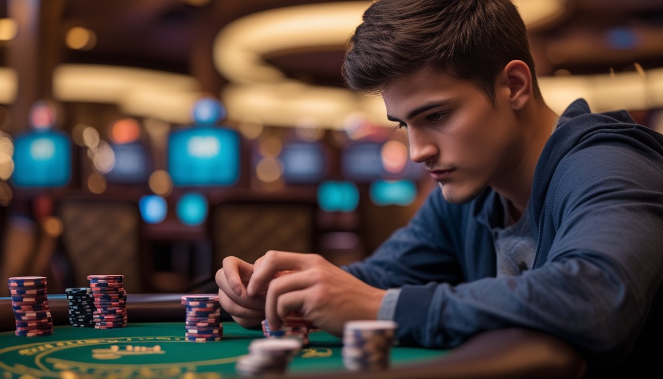Seorang pria muda sedang bermain mini poker dengan fokus di meja kasino.