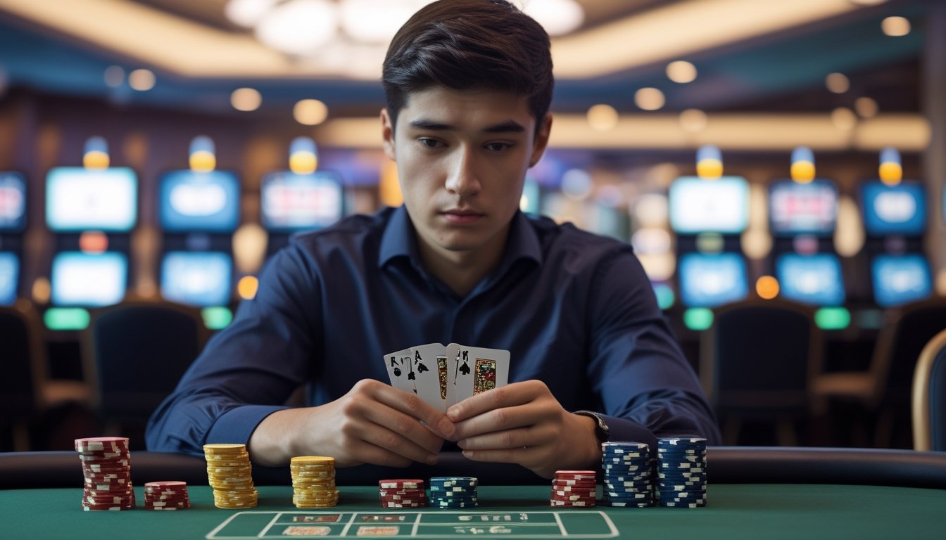Seorang pria muda duduk di meja kasino bermain mini poker dengan ekspresi fokus dan tumpukan chip di depannya.
