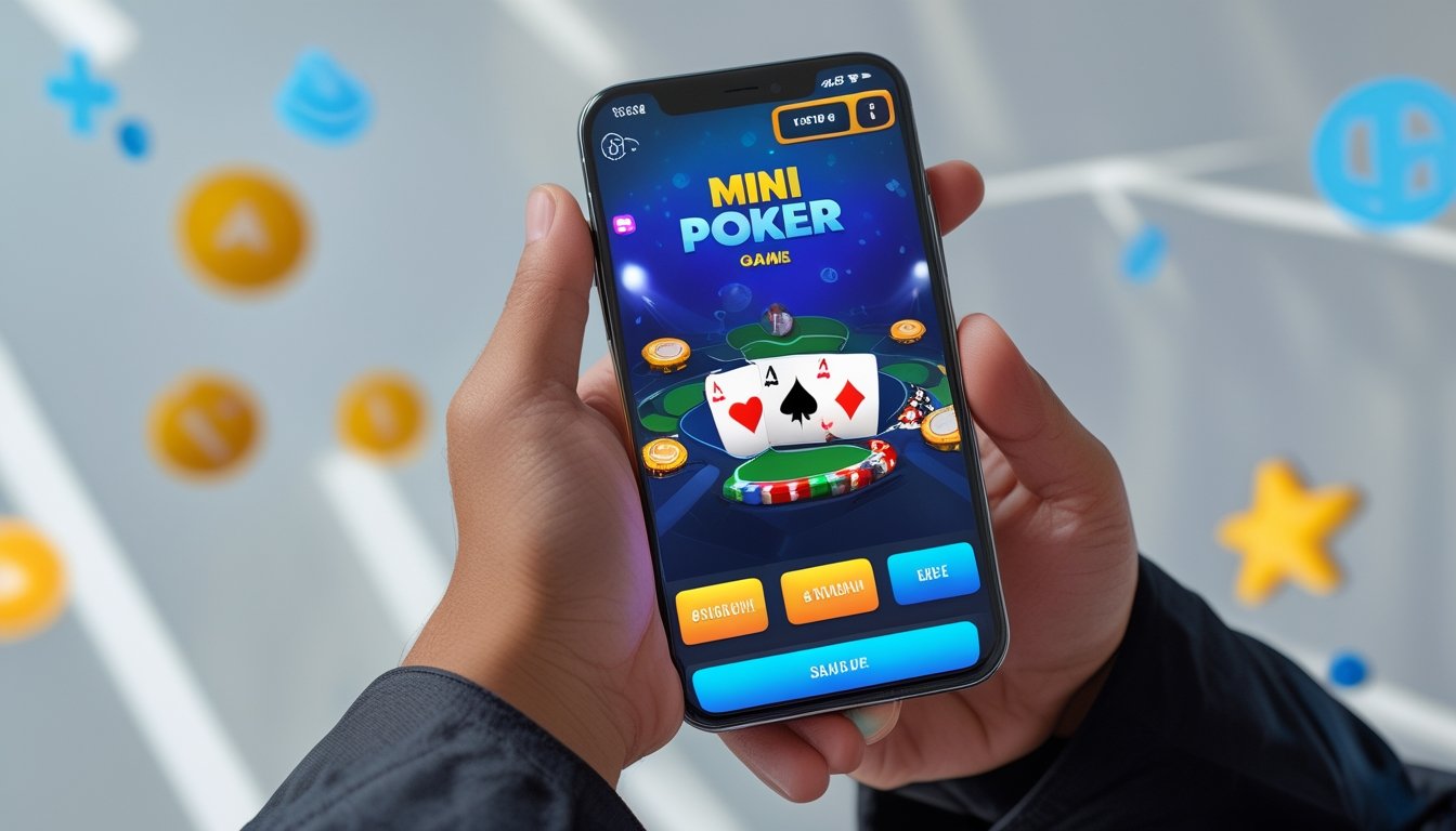 Seseorang memegang smartphone yang menampilkan permainan mini poker di layar.