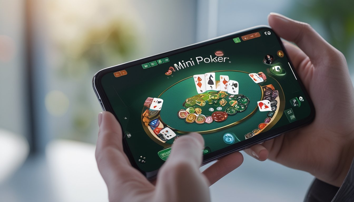 Seseorang memegang smartphone yang menampilkan permainan mini poker dengan kartu dan chip di layar.